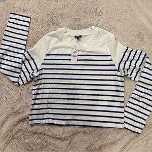 NWT Express Cotton Striped Crew Neck Long Sleeve Cropped Boyfriend Tee Size XS